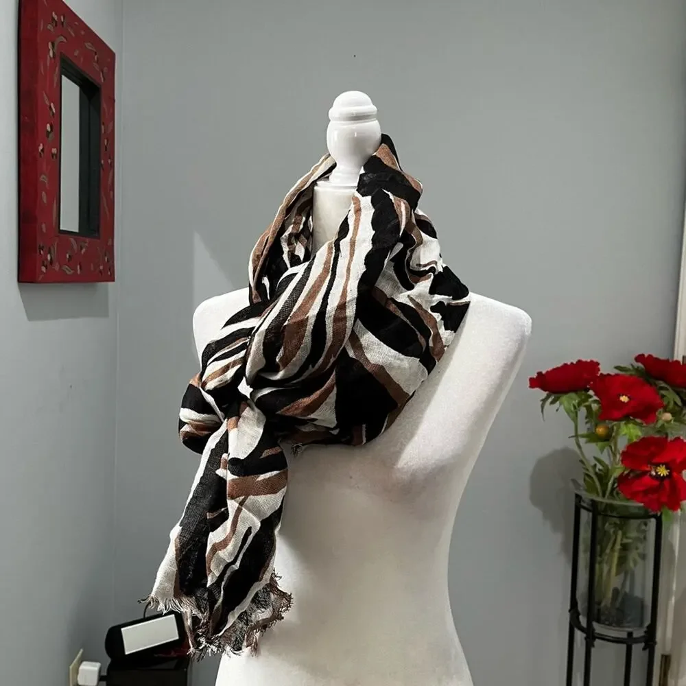NEW Ann Taylor Loft Linen Multicolor Raw Hem Oversized Neutral Wrap Scarf OS NWT